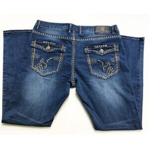 Lanzzino Denim Blue Jeans Mens 38x34 Baggy Skater Wide Hip Hop Embellished Vtg